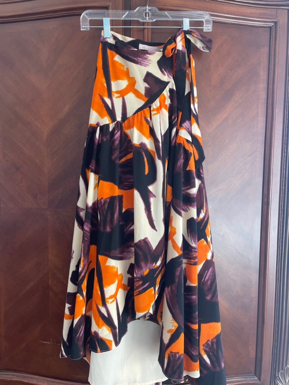 Hutch High-Low Wrap Skirt in Orange, Purple & Cream. Lined 29” front, 41” back.